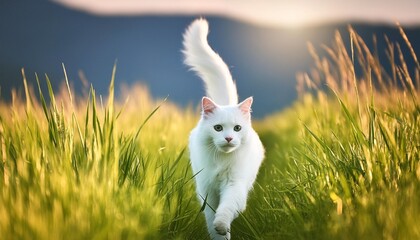 Wall Mural - cute white pet cat having fun and running through long grass