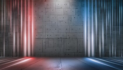 Poster - rough concrete wall background with red blue neon lights and glowing lights lighting effect on empty cement wall