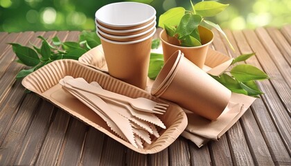 Wall Mural - eco paper utensils and disposable tableware food on the table
