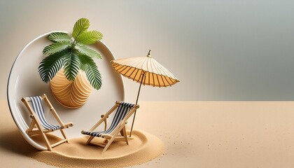 Wall Mural - banner 3 1 tropical beach concept made of plate with sand deck chair and sun umbrella creative summer vacation concept