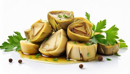 Poster - pile of artichoke hearts in oil and herbs on white background