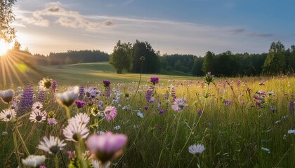 Poster - during latvia s enchanting midsummer solstice a captivating wild meadow bursts with vibrant colorful flowers creating a dreamy scene in the countryside native plants thrive in this natural