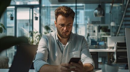 Poster - portrait of a man using smartphone in modern office 