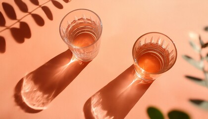 Wall Mural - glass shadow on peach background shadow overlay effect organic shadows texture reflection non alcoholic zero proof drinks sober concept peach fuzz pantone color of year 2024 stylish flat lay