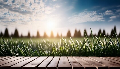 Canvas Print - wooden table top product display with a fresh sunny easter background of blue sky and warm bokeh with green grass meadow foreground