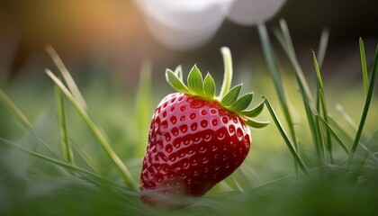 Wall Mural - a close up of a strawberry growing in the grass showcasing its natural beauty
