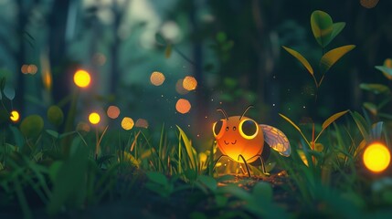 Cute Cartoon Firefly in the Woods (Generative AI)