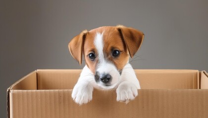 funny jack russell terrier puppy sitting in a cardboard box