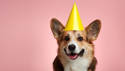 Wall Mural - funny puppy dog birthday carnival or anniversary corgi wearing a yellow party hat isolated on pink pastel background