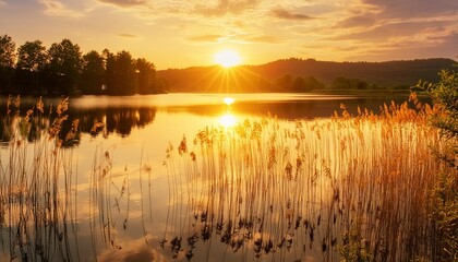 Poster - serene lake at sunset with reeds and golden light reflections