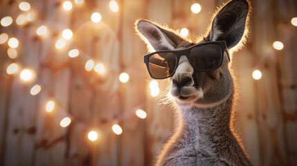 Wall Mural - Cute kangaroo in the sunglasses on the simple background with lights, super photo realistic, generative ai