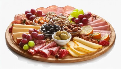 Wall Mural - top view of a round gourmet fancy charcuterie board isolated on transparent background assortment of yummy food and tapas snack party png file