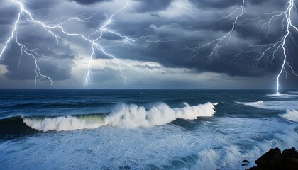 Wall Mural - fantasy of storms strong waves turbulent seas overcast clouds lightning abstract background