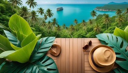 tropical plant frame top view background for travel guide illustration design