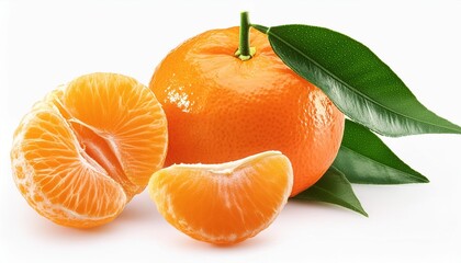 Wall Mural - ripe tangerine fruit with green leaf isolated on a white background organic tangerines fruits