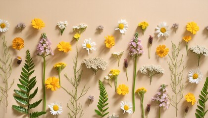 Wall Mural - minimal flat lay botanical pattern with wild field blooming flowers natural summer floral minimal creative layout from meadow blooms with shadow on pastel beige background top view nature flat aly