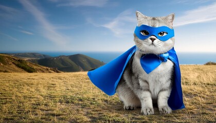 Wall Mural - superhero cat scottish whiskas with a blue cloak and mask the concept of a superhero super cat leader
