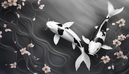 two black and white koi fish swim on the water festive koi fish represent good luck concept illustration wallpaper