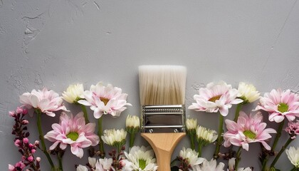 Wall Mural - flowers composition creative layout made of pink and white flowers and paint brush on white background flat lay top view copy space