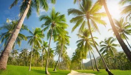 Wall Mural - tropical palm leaf background coconut palm trees perspective view