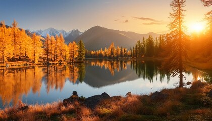 Wall Mural - sunset lake view with calm water and evergreen forest on the shore altai mountains highland nature autumn landscape photo