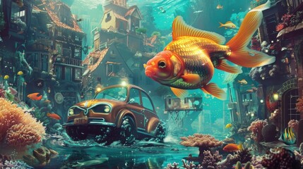 A goldfish driving a tiny car in an underwater city surrounded by coral buildings and aquatic passersby