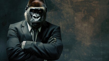Wall Mural - A gorilla in a leadership seminar, wearing a power suit, symbolizing strength and authoritative presence