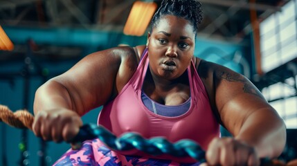 Wall Mural - Fat woman exercising with Battle Rope pose