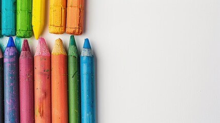 Poster - Crayons and pastels aligned on white backdrop with space for text