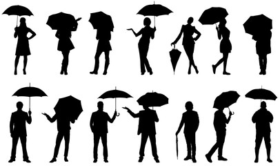 set of Silhouettes of walking people under the umbrella rain sunlight sunburn