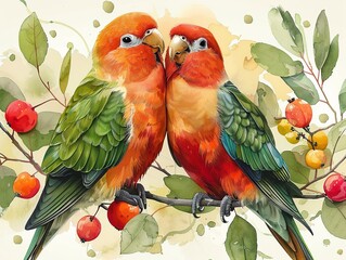 Wall Mural - Pair of lovebirds, pet animal, hand-drawn style, natural colors, isolated on white background Minimalism,