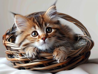 Wall Mural - Kitten in a basket, pet animal, vector art, lively colors, isolated on white background Minimalism,