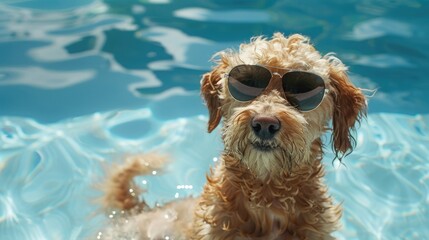 Wall Mural - dog with sunglasses on the pool