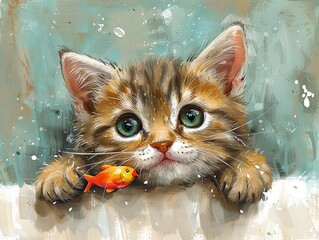 Wall Mural - Cat with a fish toy, pet animal, watercolor illustration, soft colors, isolated on white background Minimalism,