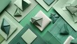 © Yesenia - pretty abstract pastel mint green background with diamond squares and triangle shapes layered in classy artsy pattern cool dark and light colors and linen style texture material design