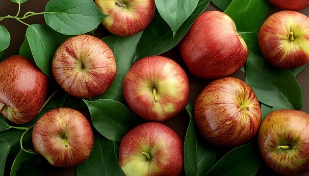 fresh ripe red apples with leaves as background top view