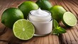 © Yesenia - wooden surface with a copy space image featuring a jar of refreshing lime infused natural moisturizer cream