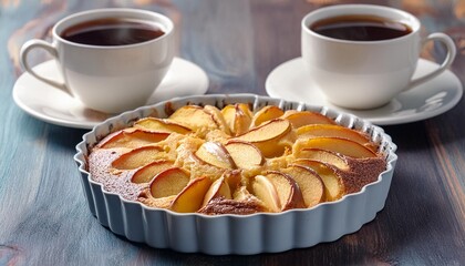 closeup french apple cake homemade apple clafouti and two cups of coffee on wooden table shallow focus