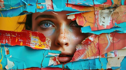 Wall Mural - A woman's face peeks through layers of torn colorful paper, like a mosaic of modern art