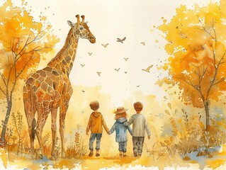 Wall Mural - Family on a safari, travel concept, watercolor illustration, warm colors, isolated on white background Minimalism,