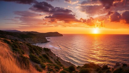 seascape in the evening sunset over the sea with the beautiful blazing sky