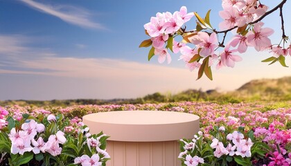 Wall Mural - 3d podium display background with flowers minimal pedestal for beauty product space template 3d render