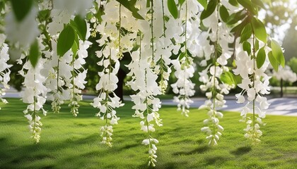 Wall Mural - elegant white floral tree with seamless leaves and flowers hangi