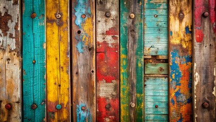 Wall Mural - Vibrant, aged wooden planks with cracked, faded paint and rusty metal accents create a distressed, eclectic background full of character and nostalgia.