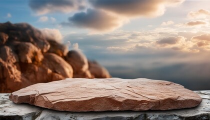 Wall Mural - rock top for a product display showing middle close focus to the stone surface on an artistic cloudy foreground and background with a bokeh balls sky generative ai