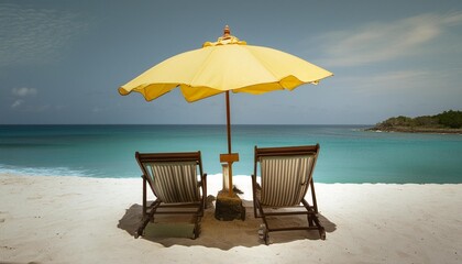 bright yellow beach chairs and beach umbrella on a caribbean blue beach facing the ocean vacation