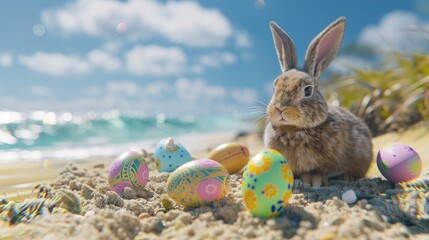 Wall Mural - Easter Bunny with Easter eggs on the beach. Generative AI.