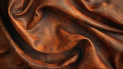 Close-up of folded silk fabric in rich, warm brown hues with a glossy finish, creating elegant and luxurious texture for backgrounds or designs.