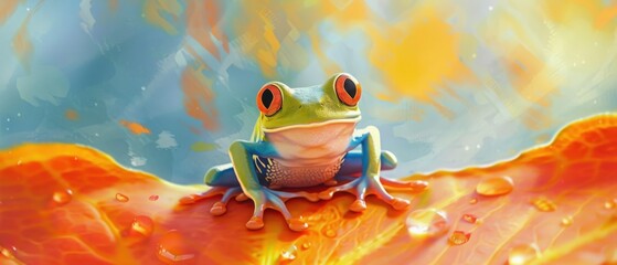 Colorful close-up of a cute frog sitting on a vibrant leaf with a bright, blurred background. Perfect for nature and wildlife themes.