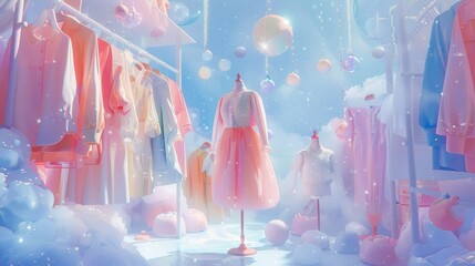 Ethereal pastel-colored clothing display in a dreamy, cloud-like boutique setting with soft light and floating orbs.